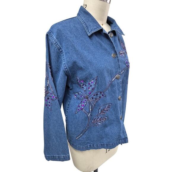 vtg y2k Tantrums Blue Denim Shirt Jacket Pockets Purple Sequined Embroidery M - Picture 3 of 5